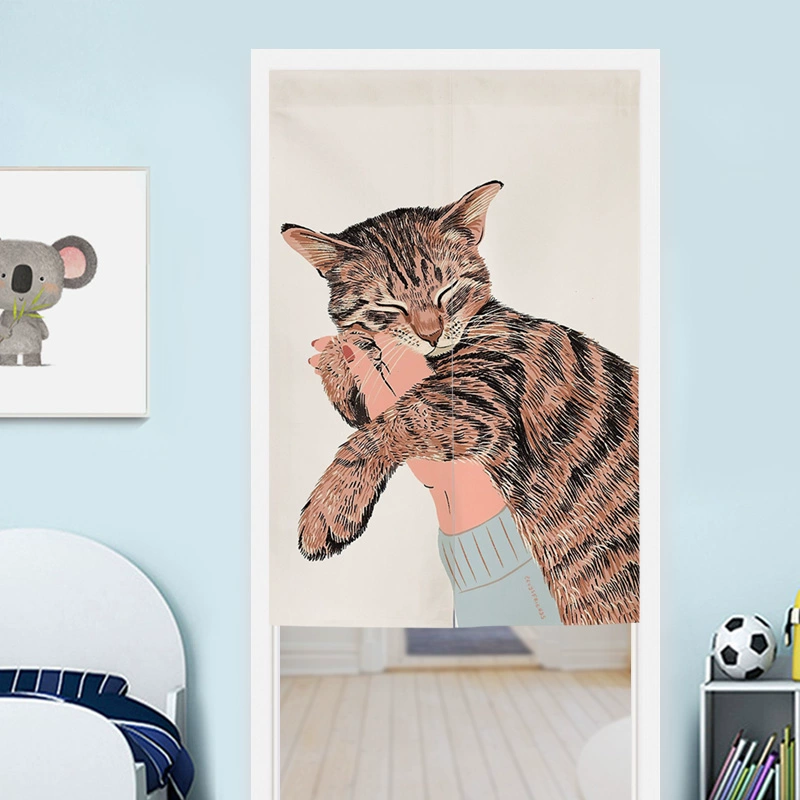 可愛貓咪圖案半簾隔斷臥室洗手間廚房免打孔安裝布藝門簾保護隱私