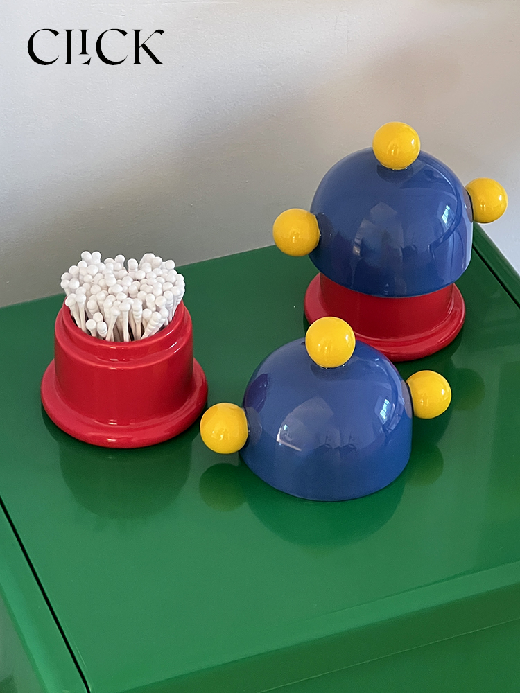 Click包豪斯風格可愛撞色球球棉籤收納盒牙籤筒牙線罐桌面擺件陶瓷材質釉下彩中國大陸製造