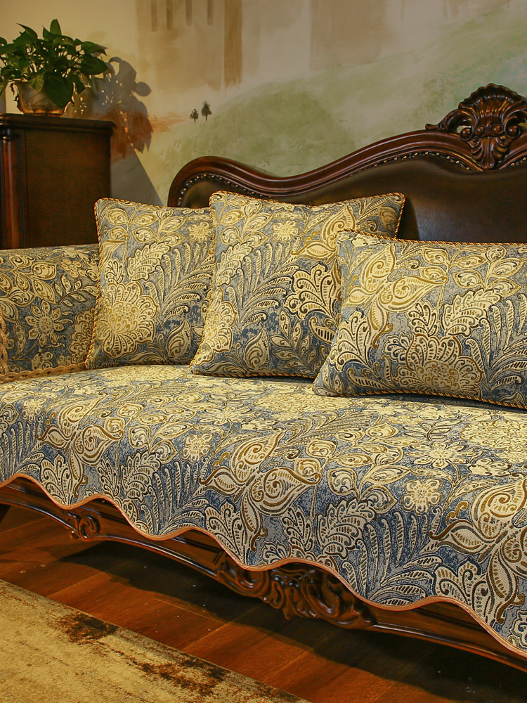 美式防滑沙發墊四季通用真皮沙發套罩雪尼爾材質高檔奢華復古坐墊