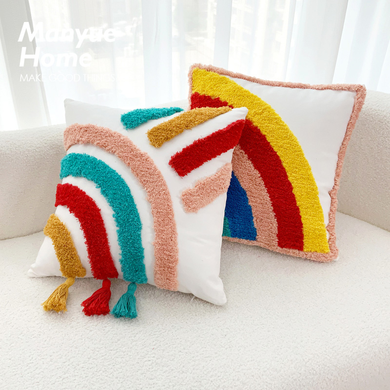 彩虹色彩點綴家居 北歐ins風棉麻抱枕套客廳沙發靠墊
