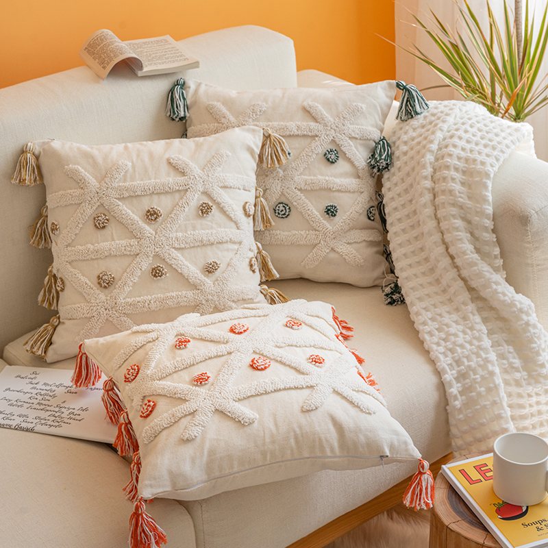 簡約現代風格抱枕刺繡北歐風簇絨設計適用於客廳沙發床頭靠墊套素面棉材質舒適柔軟