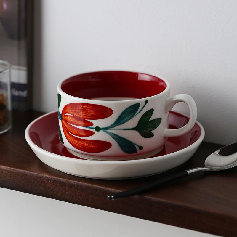 法式中古風陶瓷咖啡杯碟組250ml 紅木槿小眾下午花茶杯手衝拉花拿鐵杯