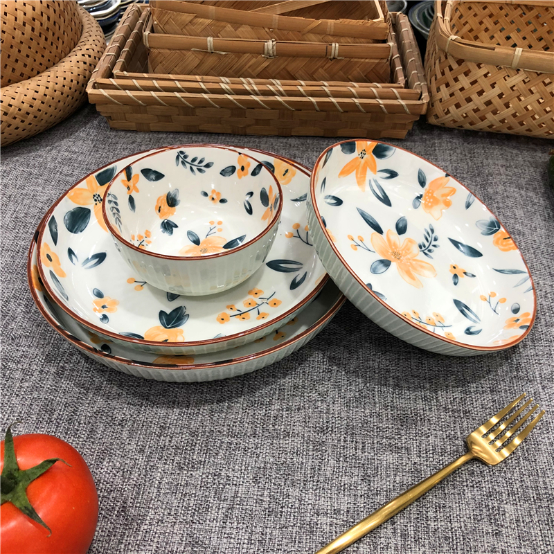 花語釉下印彩碗盤系列簡約風格田園風適用於湯麵飯餐具