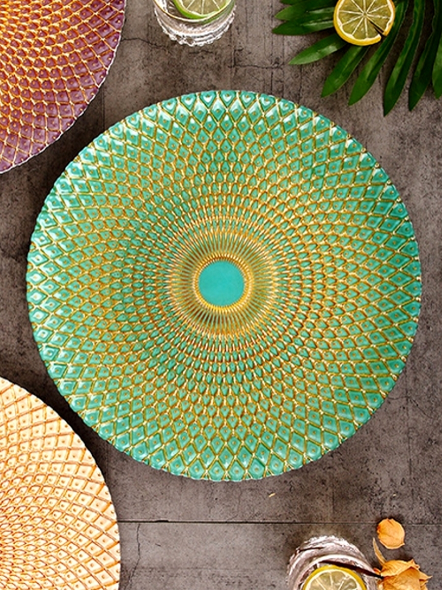 華麗東南亞盤子 金色孔雀圖案裝飾盤 宴會菠蘿盤 33cm