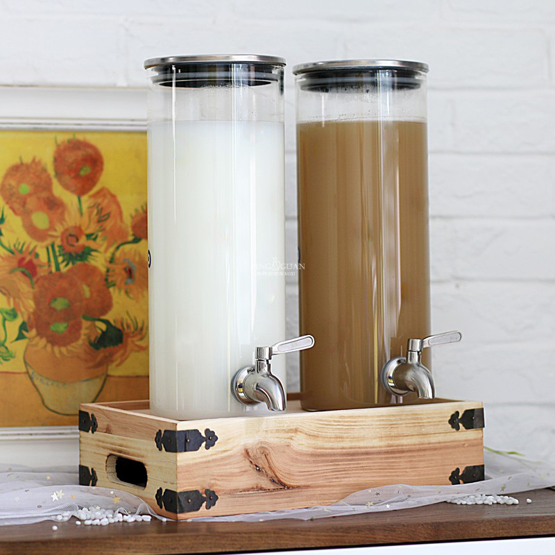 北歐風玻璃果汁罐 帶龍頭木底座高硼硅耐熱婚慶自助飲料桶