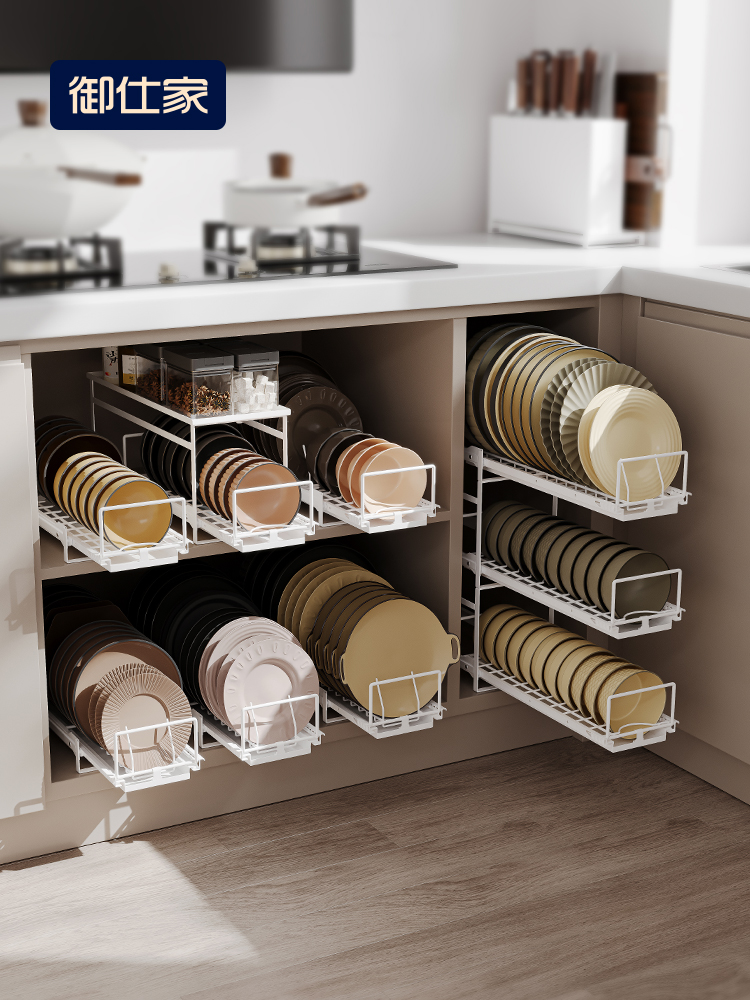 日式風格金屬抽拉碗架雙層35cm碗架2免打孔安裝適用於廚房櫥櫃防鏽置物架