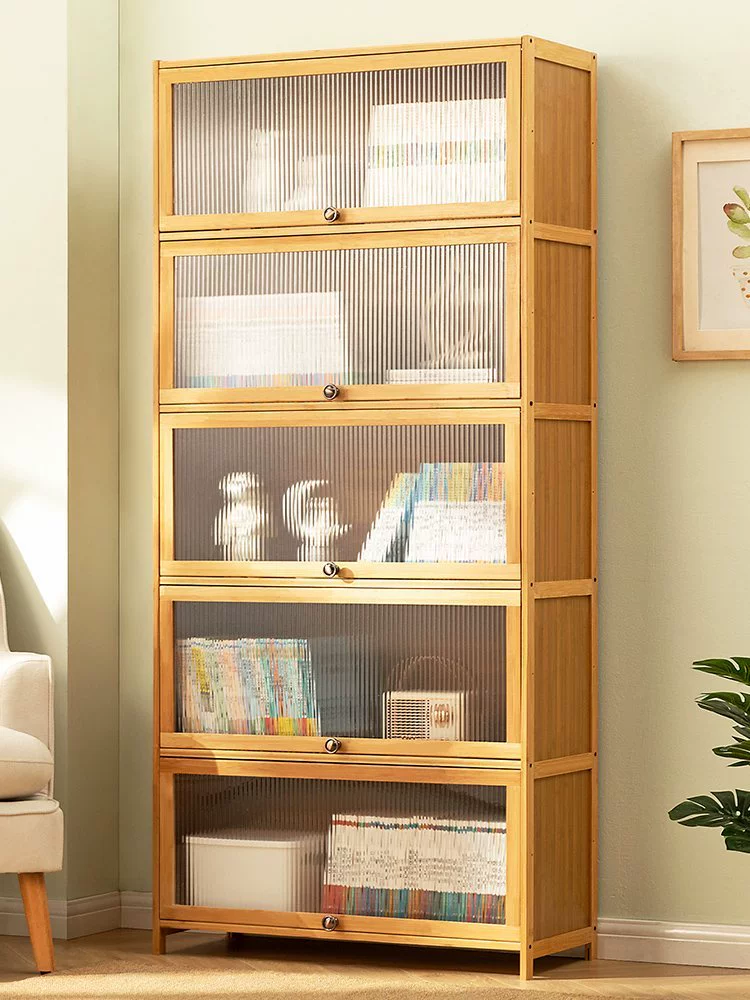竹製簡易翻門書架 家用多層置物架落地兒童書櫃 房間收納架門款書櫃