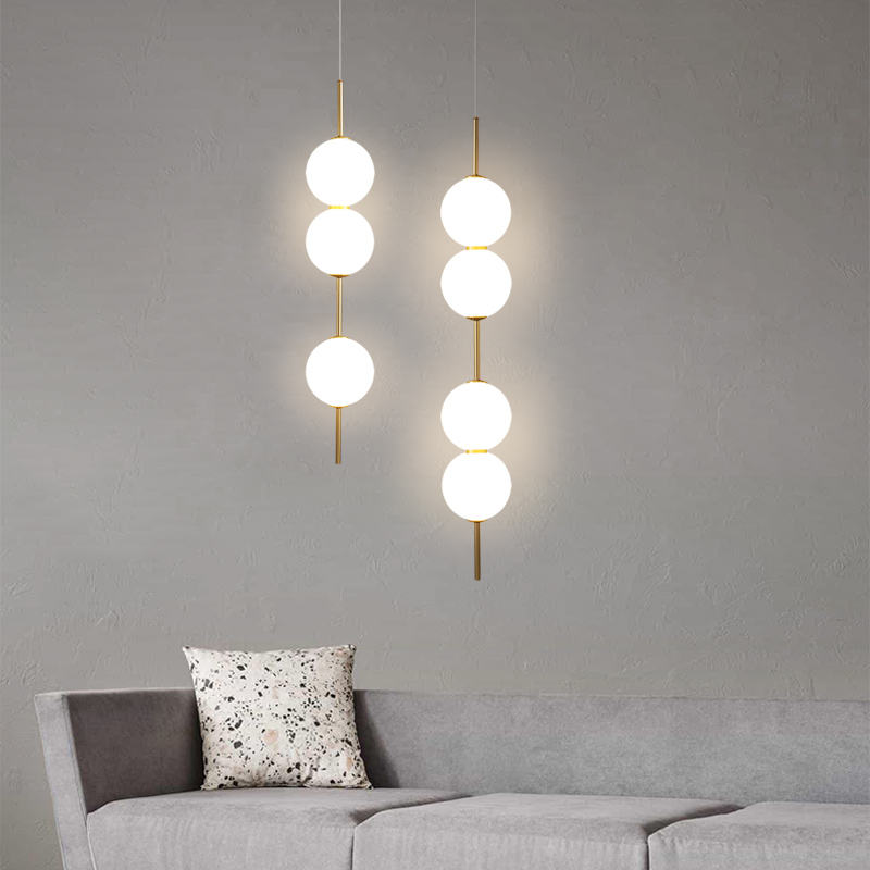 北歐創意串球長線吊燈現代簡約臥室書房間牀頭燈金屬嬭白玻璃燈罩