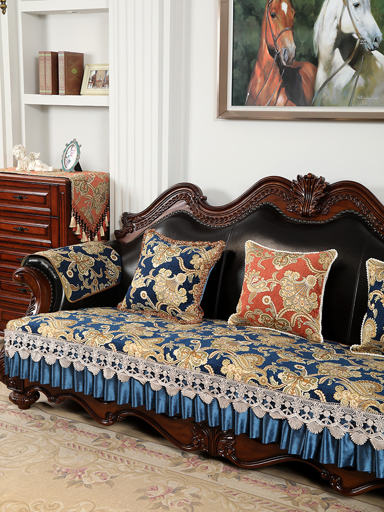 美式雪尼爾防滑沙發墊 舒適四季通用格林藍蕾絲邊