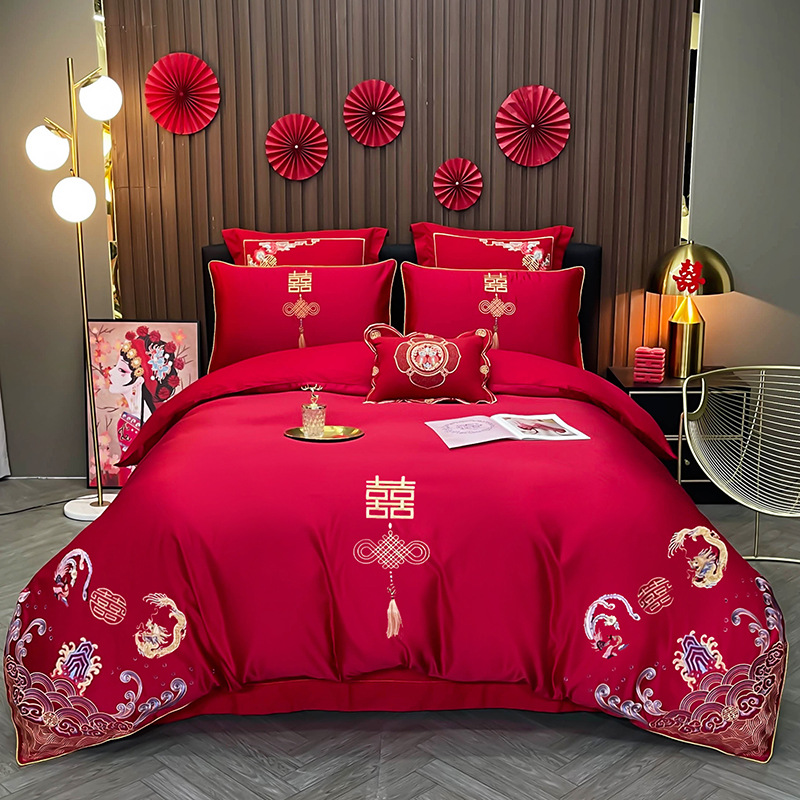 簡約婚房多件套紅色純棉100s材質大紅刺繡婚禮結婚床上用品