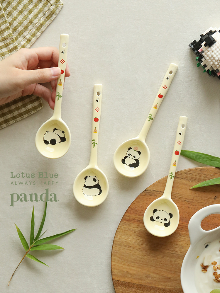 熊貓小花花陶瓷餐勺 可愛勺子 高顏值湯匙 日式調羹 長柄 手捏紋