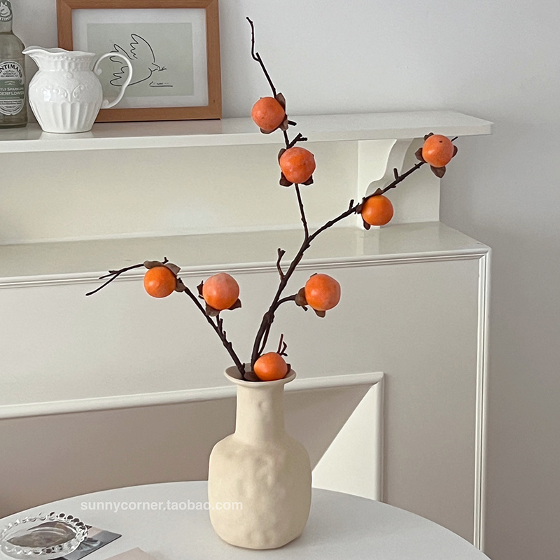 柿柿如意仿真柿子果實樹枝花瓶擺件新中式客廳插花裝飾