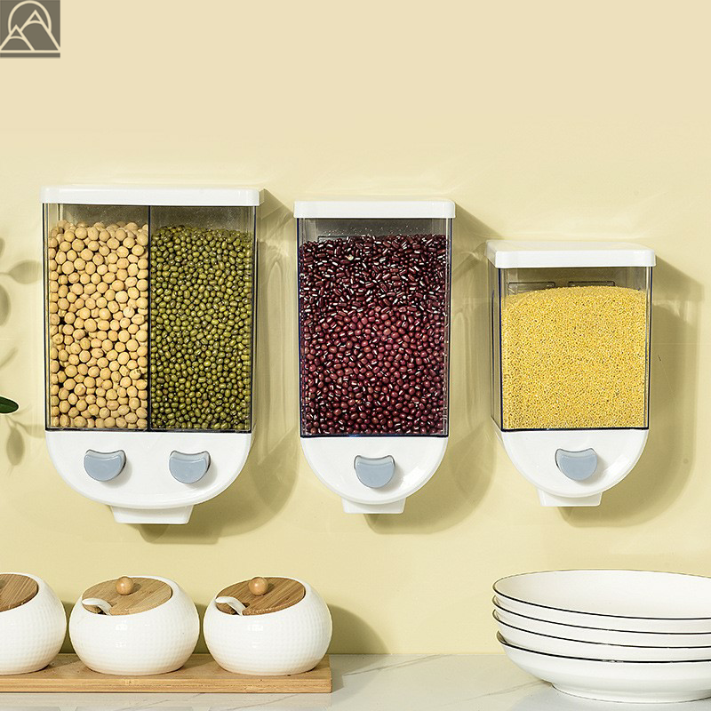 日式搪瓷按壓五穀雜糧儲米桶 壁掛式廚房儲物罐 防潮密封透明計量雜糧罐