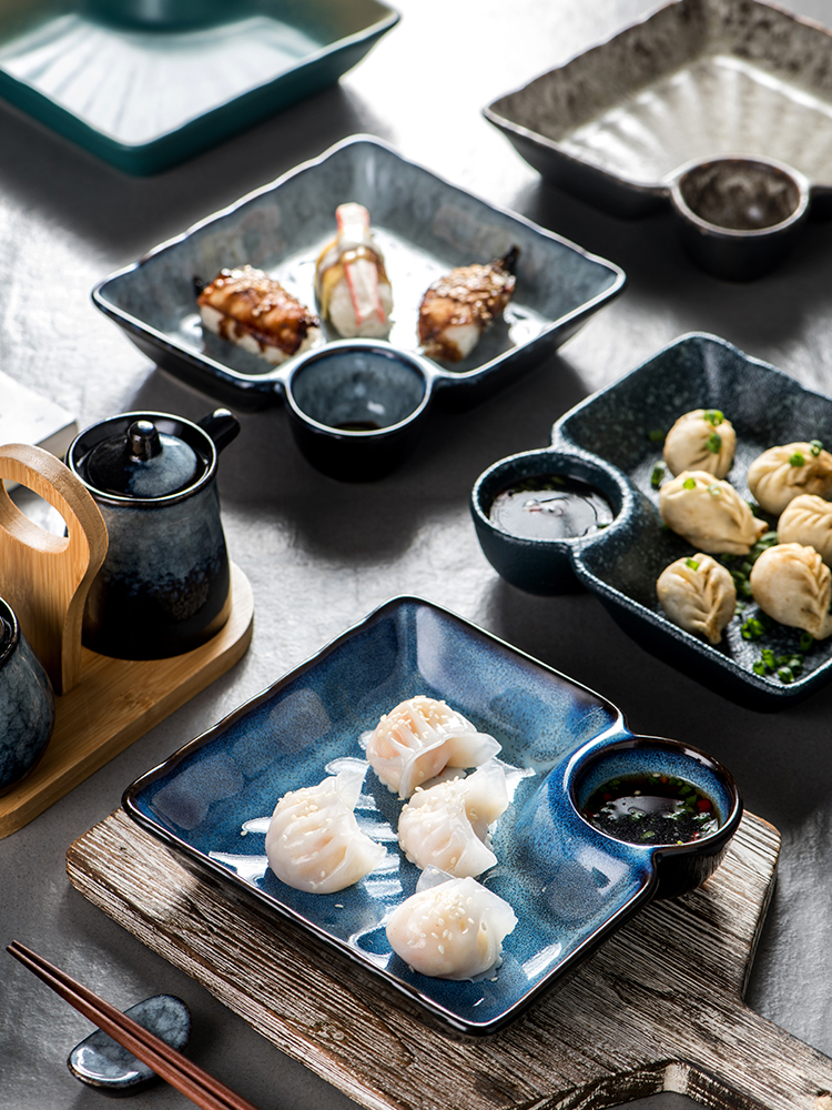 日式瓷盤 餃子盤帶醋碟 創意分格壽司盤裝蝦薯條方形盤