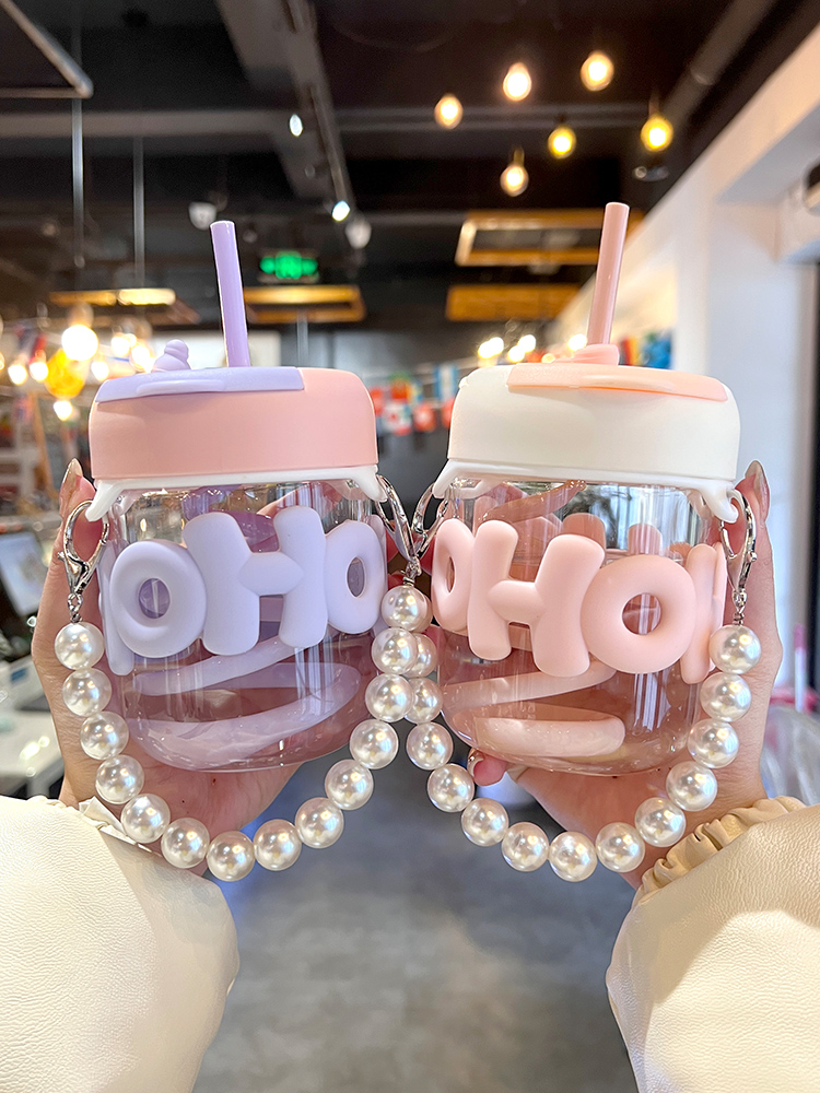 韓式透明玻璃水杯帶吸管 耐高溫可愛少女心夏季水杯