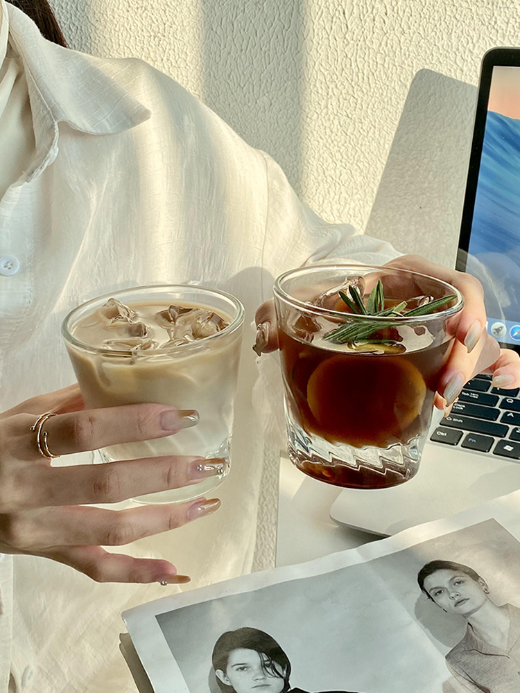 小眾創意透明玻璃杯子 拿鐵咖啡杯 ins風家用設計感水杯