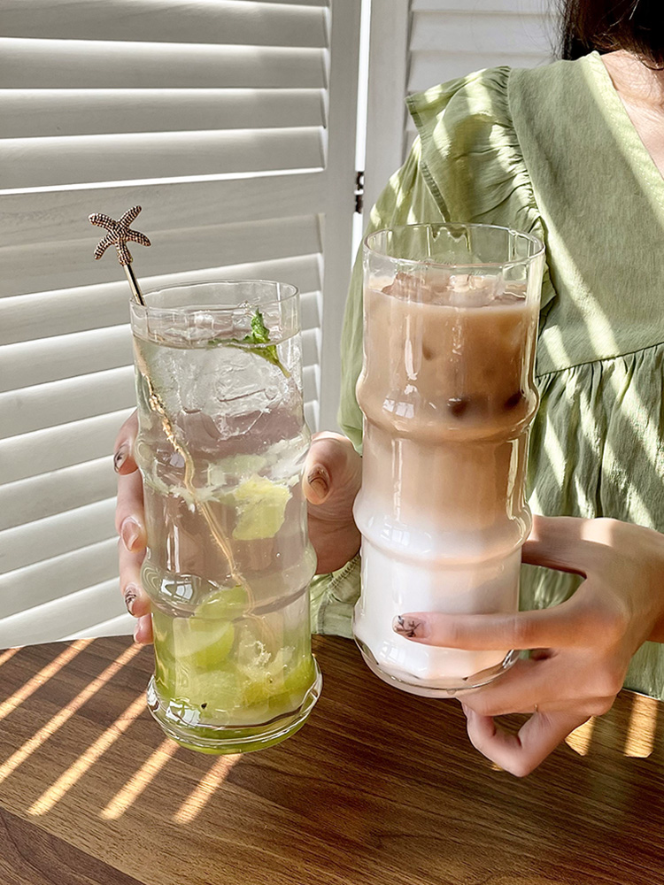 創意竹節玻璃水杯拿鐵杯果汁飲料杯子家用冰美式透明 (8.3折)