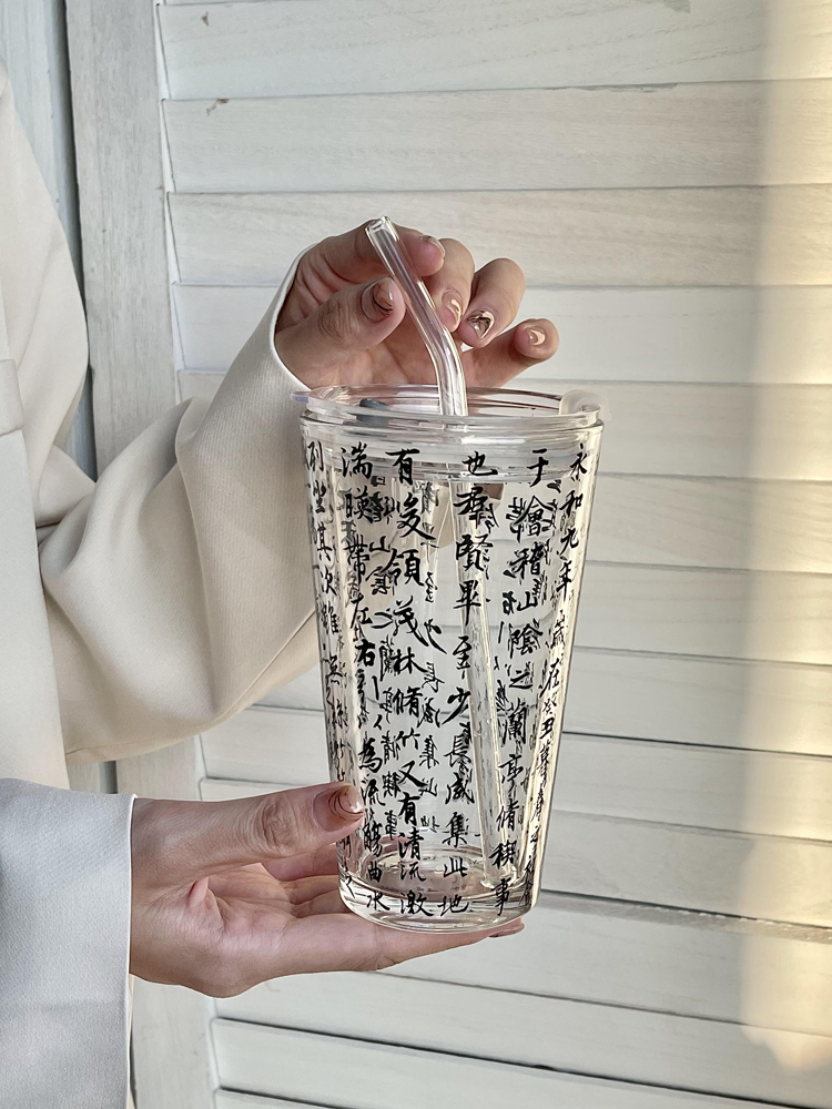 創意印花玻璃杯 新中式國潮風格辦公室用女喝水杯 送吸管刷