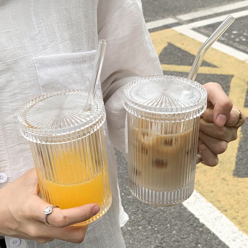 時尚韓式玻璃杯帶吸管和蓋子 豎條紋咖啡杯 夏季辦公室ins女生喝水杯