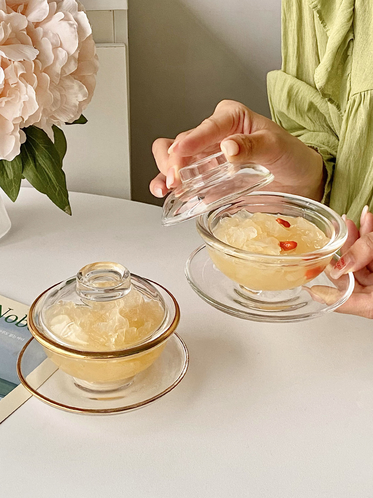 北歐風玻璃透明燕窩碗帶蓋 精緻家用中式下午茶甜品碗碟套裝