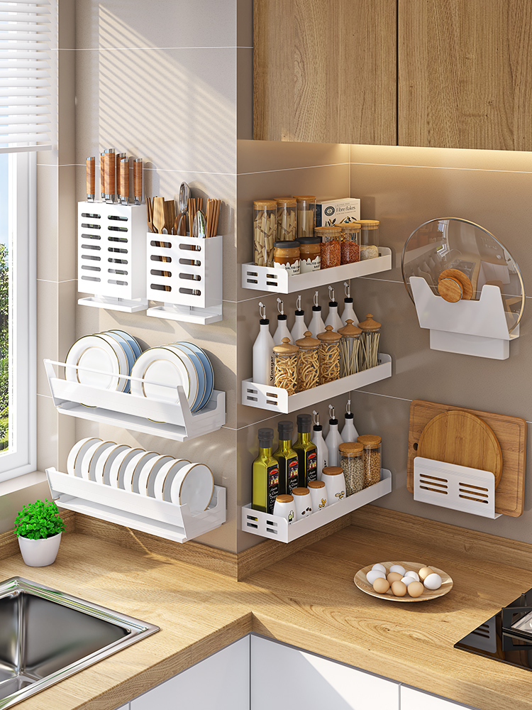 廚房架白色現代北歐風置物架收納架壁掛刀架免打孔調味品置物架