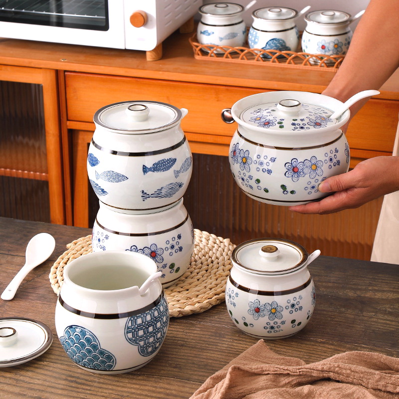 日式和風手繪釉下彩廚房收納瓶大容量高顏值陶瓷糖鹽雞精豬油罐 (5.9折)