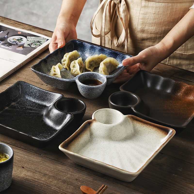 日式餃子專用盤餐具寶藍色創意水餃盤分格盤附醋碟豐富您的餐桌