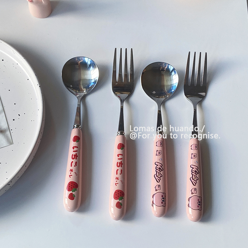 卡通韓風不鏽鋼陶瓷勺叉套裝 創意可愛兒童餐具