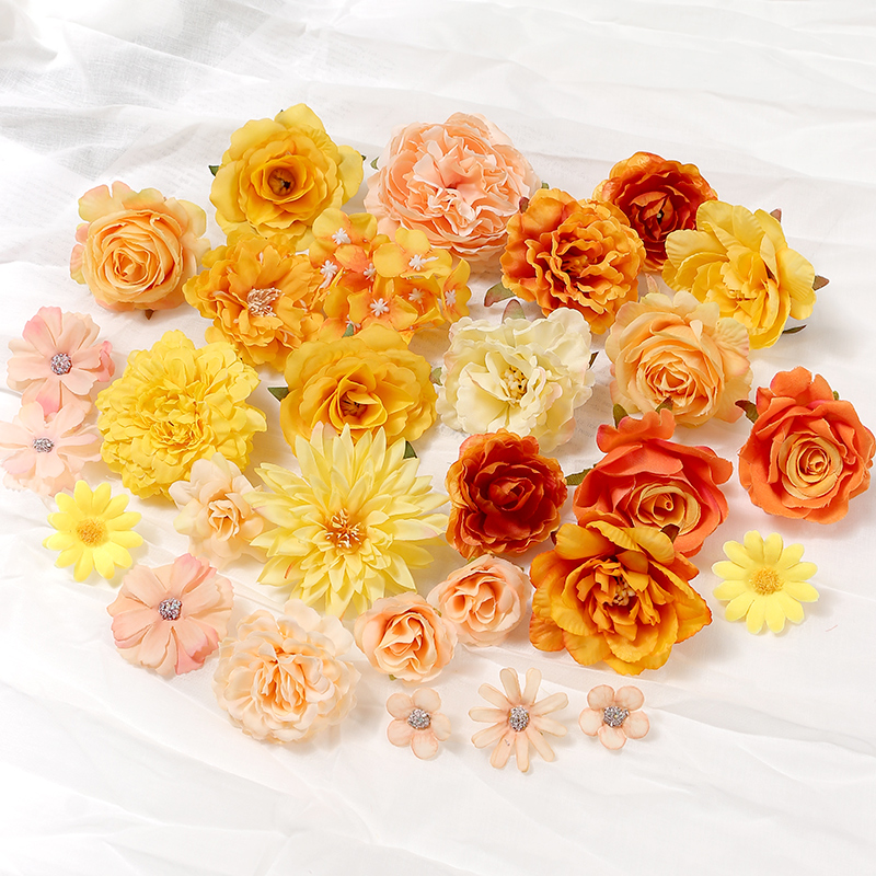 黃色系倣真花朵花束 diy手工材料婚慶裝飾 玫瑰牡丹綉球假花絹花