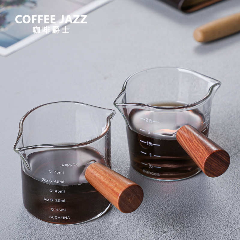 意式萃取帶刻度玻璃濃縮咖啡杯 日用品奶罐 70ML雙嘴木柄款