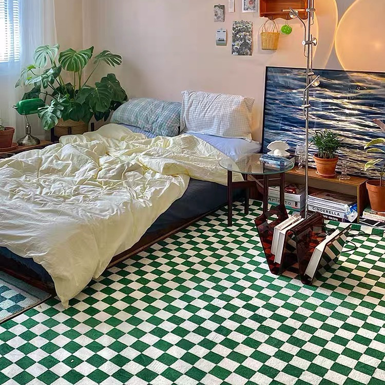 經典棋盤格地毯 綠色黑白格子裝飾簡約摩洛哥風格地墊可機洗