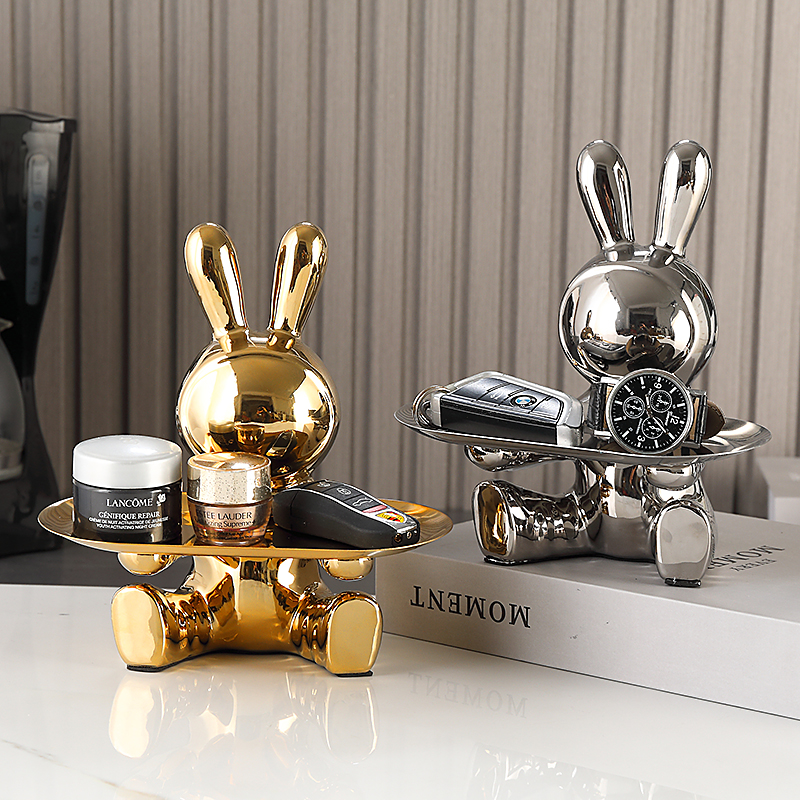 可愛兔子造型入戶玄關收納擺件電鍍陶瓷材質簡約現代風格