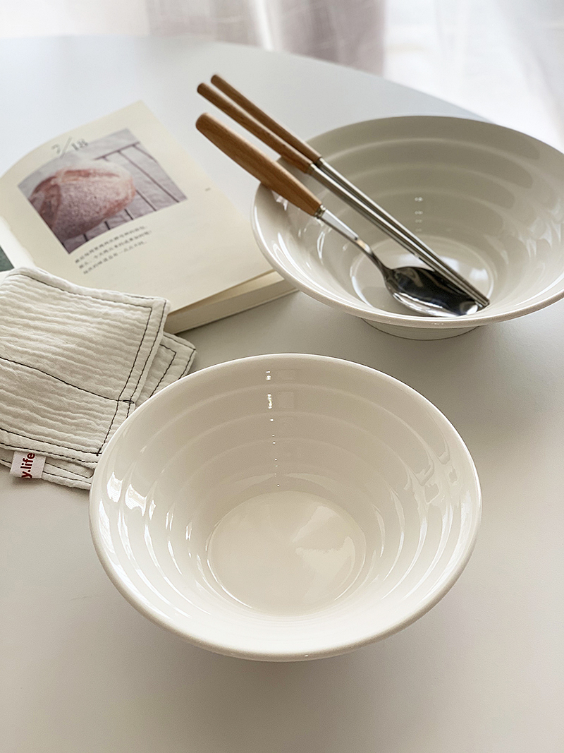 安木良品 ins日式簡約橫紋純白陶瓷喇叭碗拉麪湯碗沙拉大號飯碗