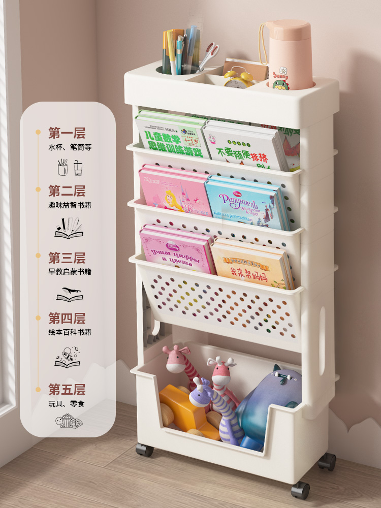 兒童書架家用書報架閱讀架移動玩具收納架寶寶書櫃置物架多層帶輪