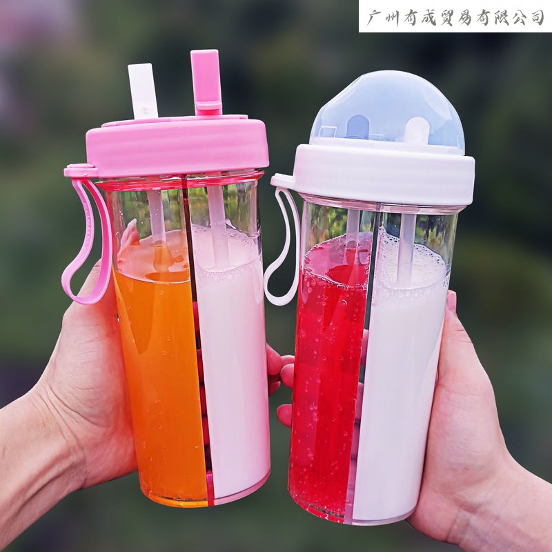 雙吸管多功能保溫杯學生可愛創意隨手塑料杯