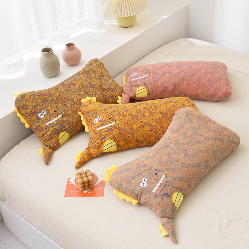 純棉蕎麥兒童枕頭可愛刺繡小恐龍雙層紗舒適透氣可拆卸雙層設計