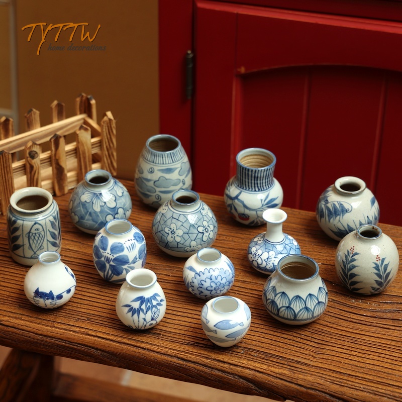 中式復古粗陶小花瓶迷你擺件 創意青花瓷手繪陶瓷花瓶插花水培 居家裝飾