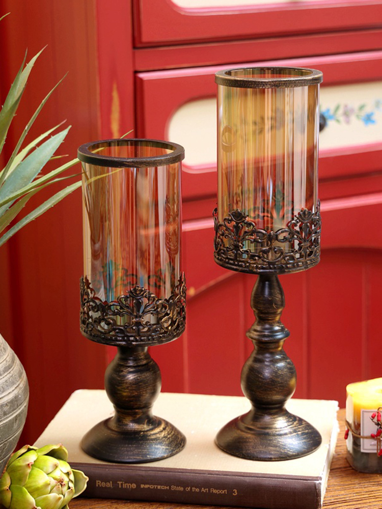 浪漫燭臺歐式復古鐵藝玻璃材質婚慶風燈浪漫滿屋