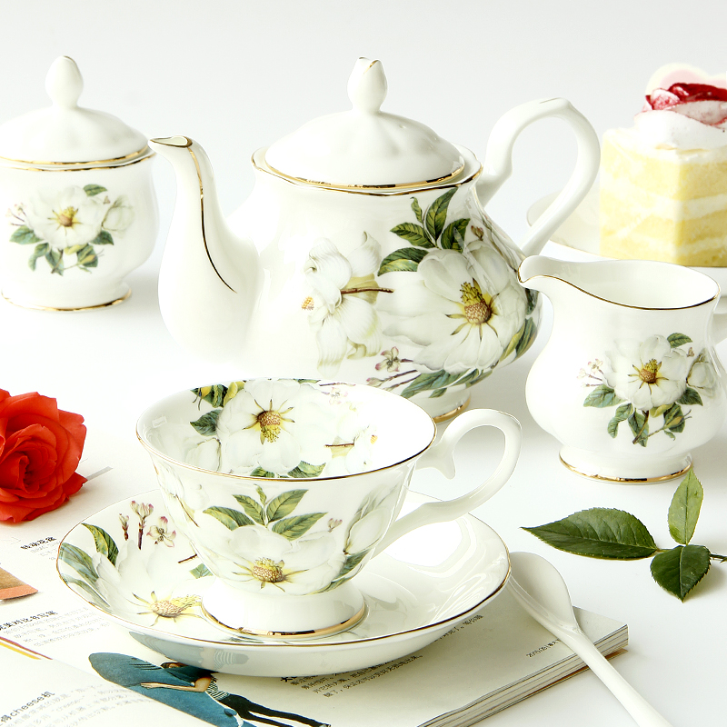歐式田園風格骨瓷咖啡套具6人份英式下午茶茶具組含壺杯碟架茶爐等