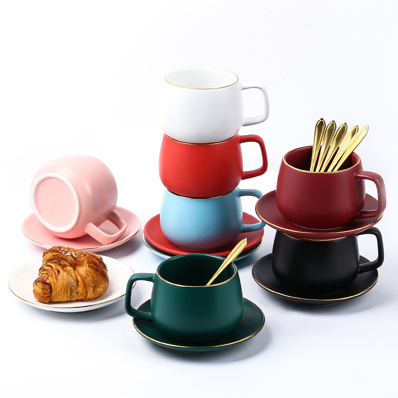歐式馬卡龍色陶瓷描金咖啡杯居家咖啡廳情侶水杯附早餐杯配杯架