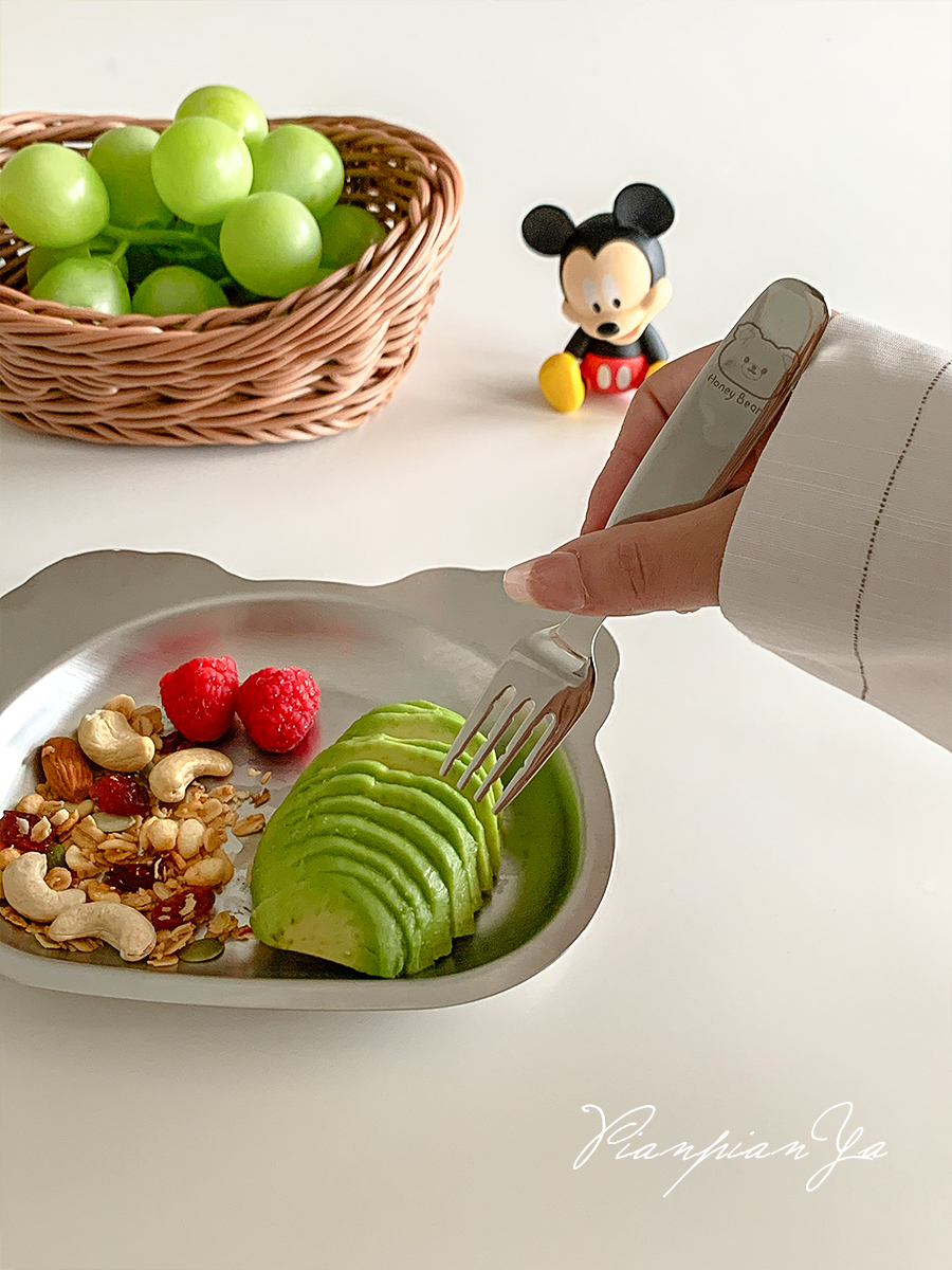 卡哇伊卡通小熊造型餐盤叉勺套裝不鏽鋼材質家用兒童小盤子餐具