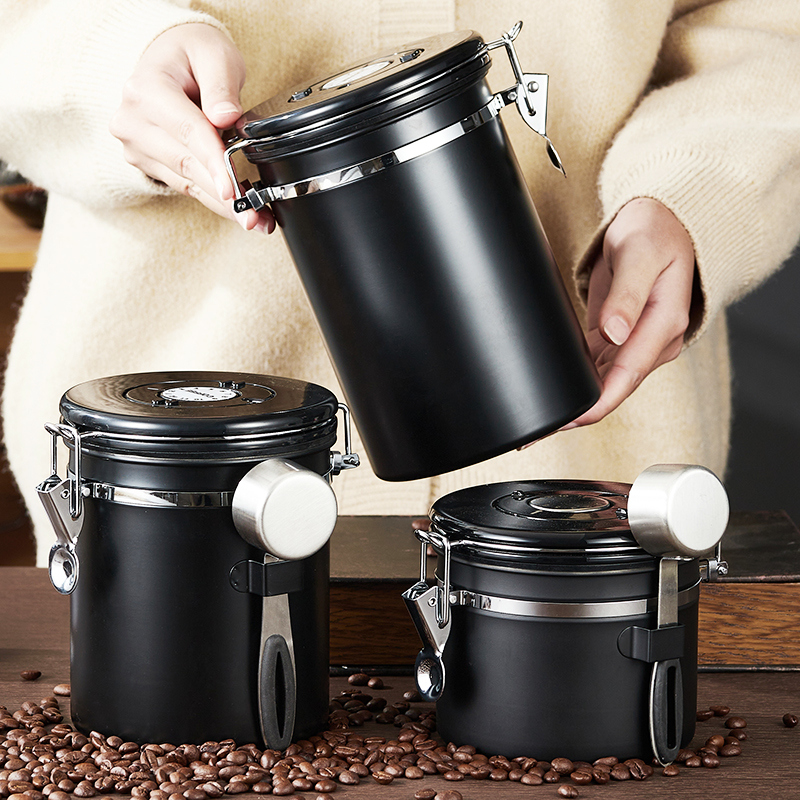 北歐風不鏽鋼咖啡豆儲存罐 密封真空單向排氣咖啡粉罐