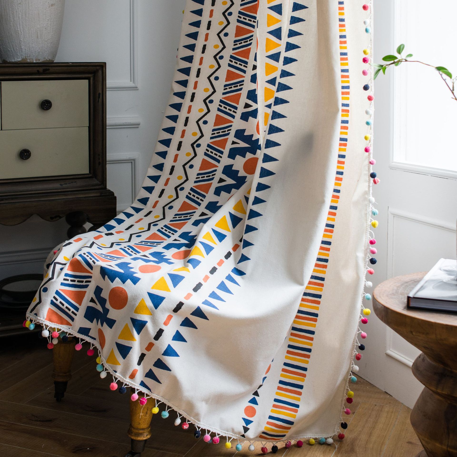 美式風彩色毛球波西米亞風格鄉村棉麻印花成品窗簾