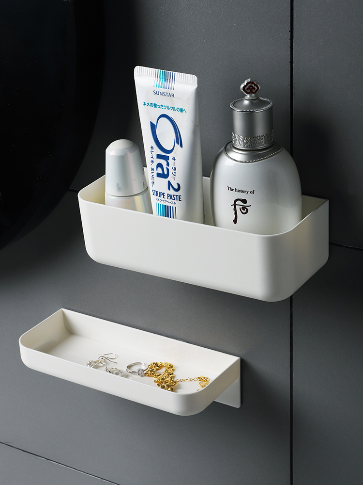 免打孔化妝品收納盒 牙刷筒置物架 牆壁浴室收納架 白色 (8.4折)