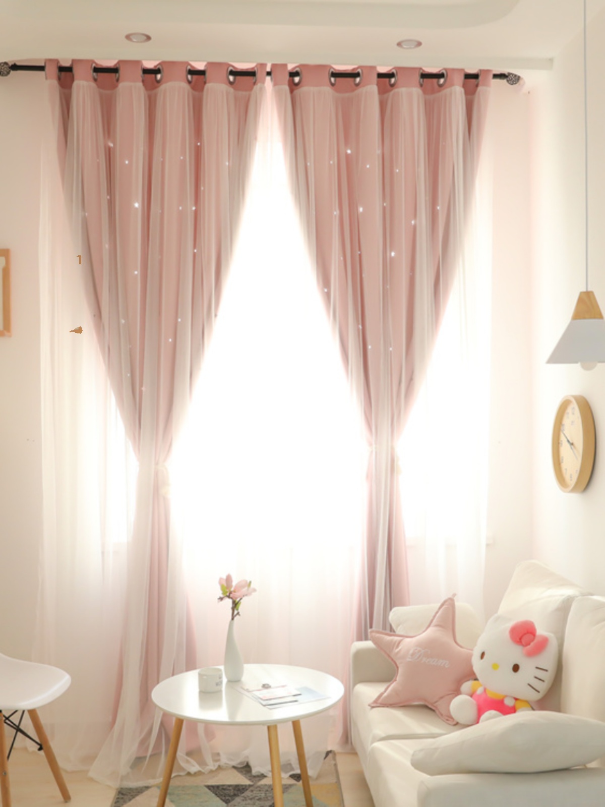 北歐韓式粉色星星雙層窗簾布 半遮光成品窗簾 臥室公主風