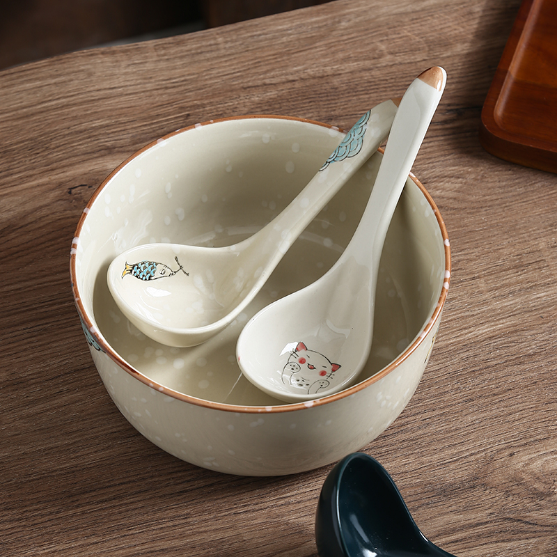 日式釉下彩陶瓷長柄湯勺 家用吃麵喝粥創意調羹湯匙