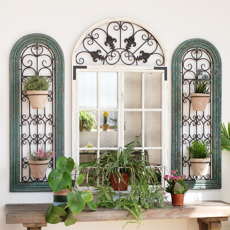 美式復古造型鏤空花架 露臺鐵藝綠色花架 假窗造型復古裝飾窗