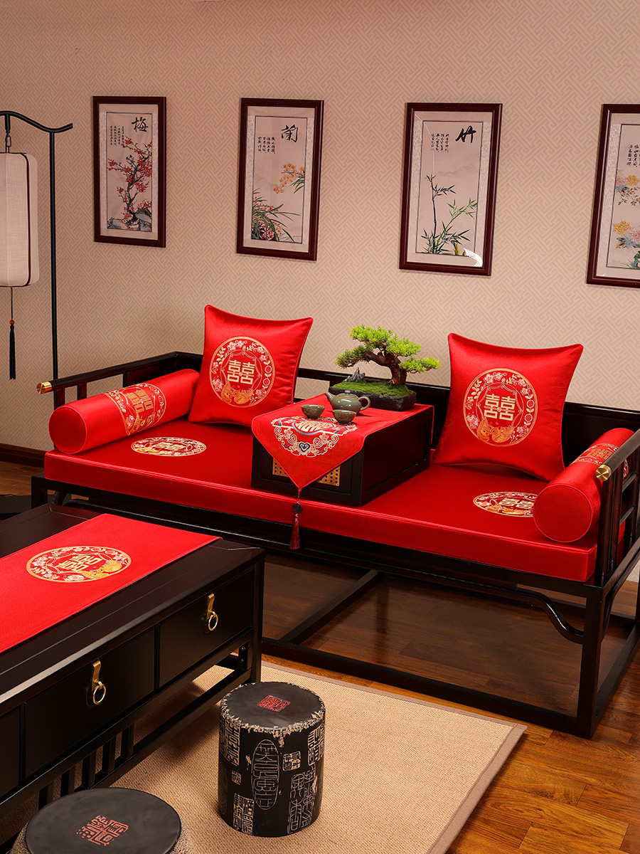 新中式喜慶婚慶大紅紅木沙發墊坐墊防滑加厚海綿靠墊