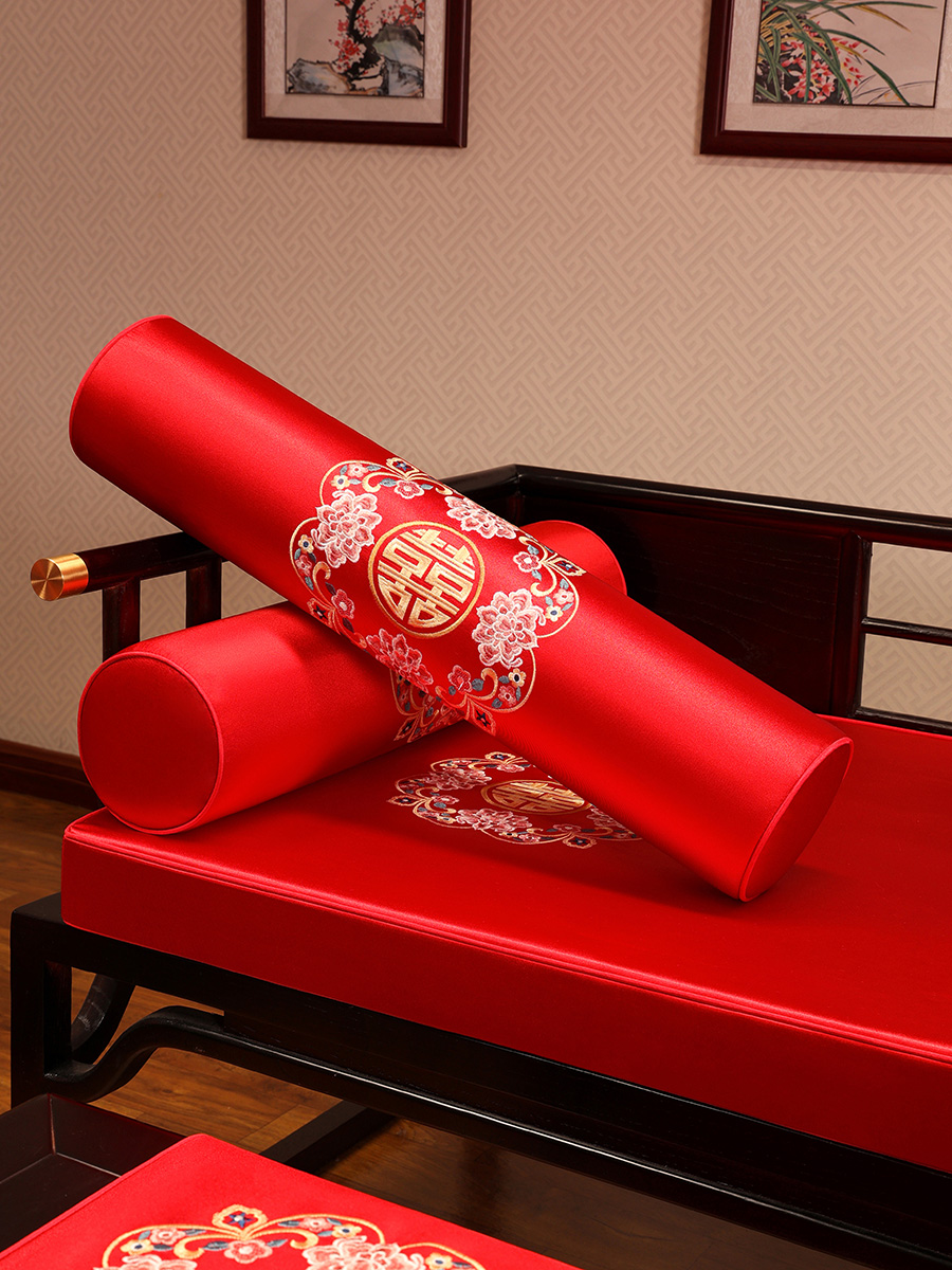 中式喜慶加厚加長抱枕靠墊婚房擺設家飾品圓柱形靠枕