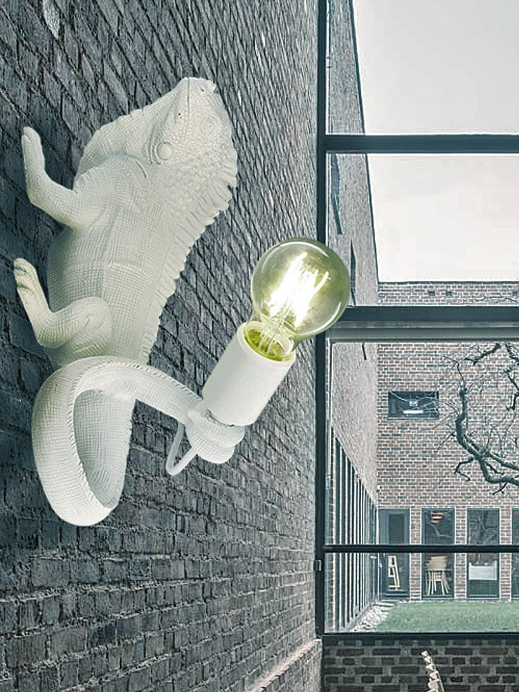 北歐蜥蜴裝飾品台燈創意客厛書房臥室牀頭白色高耑動物樹脂壁燈具